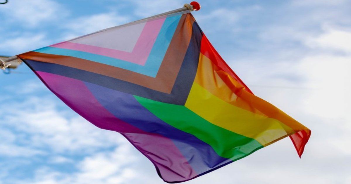 A photo of the LGBT Progress flag with rainbow stripes and a triangle with the transgender colors and two black and brown stripes.