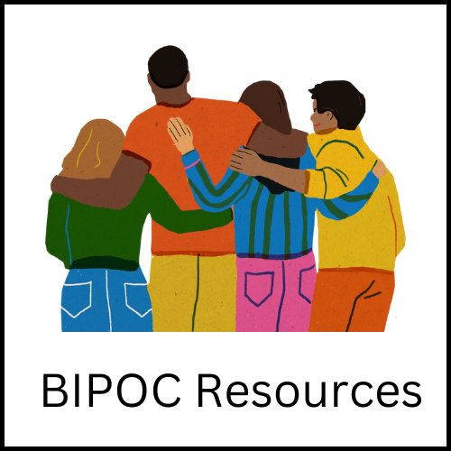 A drawing of a group of people turned around and holding hands behind their backs with the caption, "BIPOC Resources"