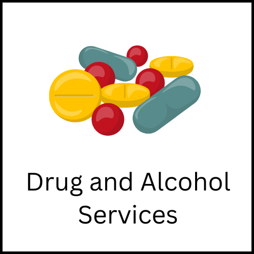 A pile of blue, yellow, and red pills of various shapes and sizes. The caption reads, "Drug and Alcohol Services".
