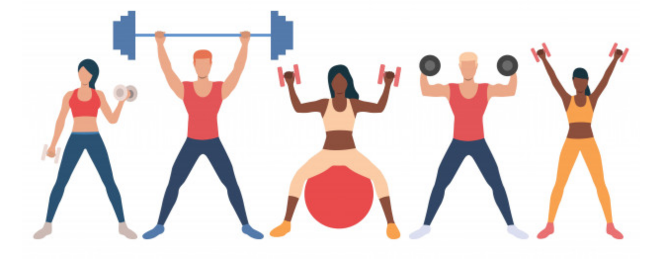 An illustration of a group of people lifting weights.