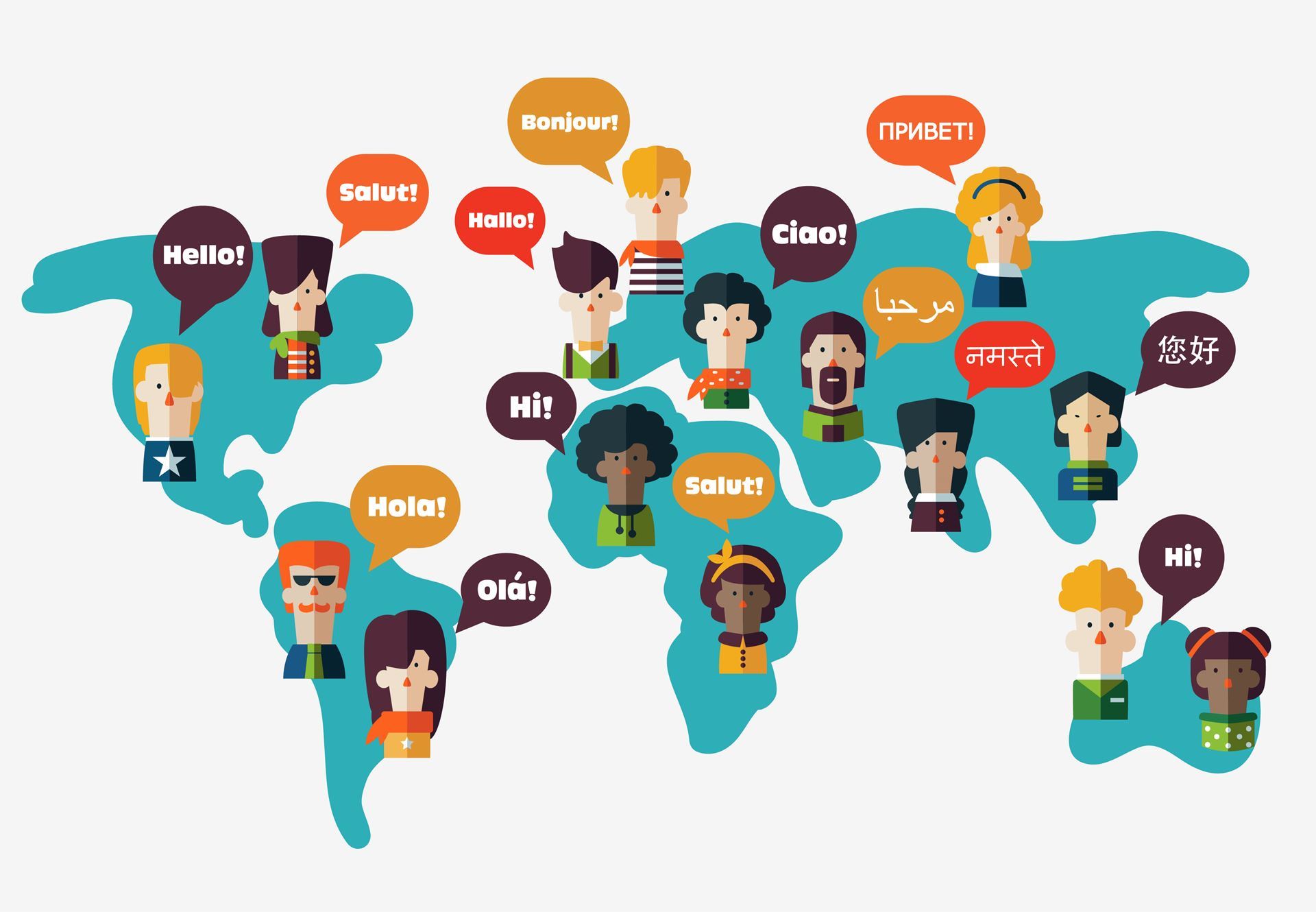 A map of the world with many figures, each with a speech bubble saying "Hello" in various languages