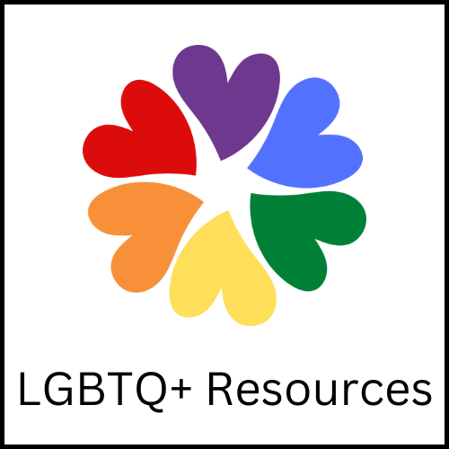 A circle of hearts in the colors of the rainbow with the caption, "LGBTQ+ Resources"