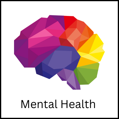 An illustration of a multicolored brain with the caption, "Mental Health".