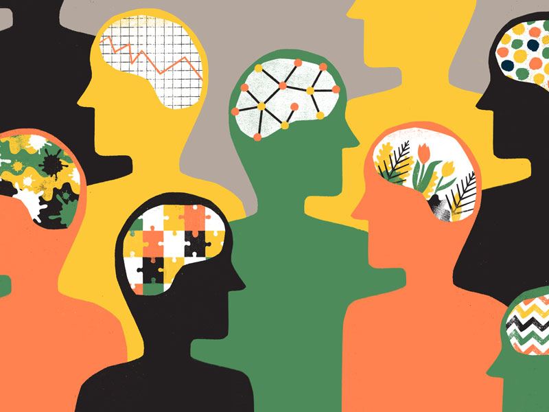 A drawing of many outlines of people in different colors. Inside each of their heads are different patterns, including puzzle pieces, plants, graphs, squiggles, and dots.