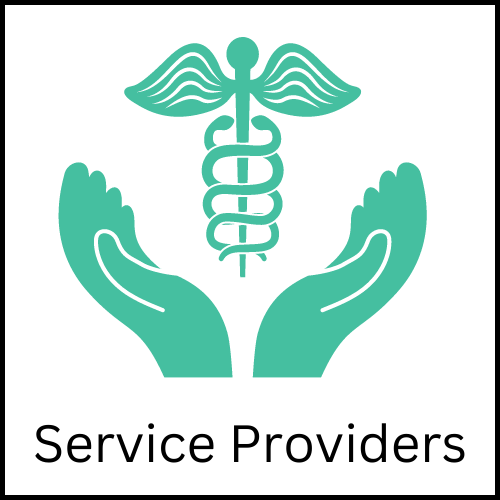 A green icon of two hands holding up a winged staff encircled by snakes. The caption reads, "Service Providers."