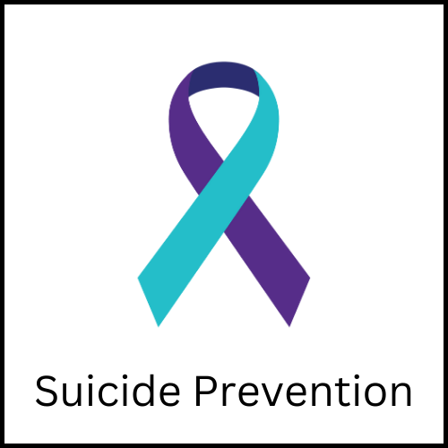 A blue and purple ribbon with the caption, "Suicide Prevention"