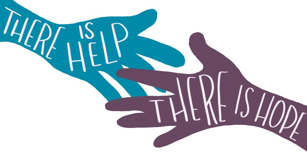 A drawing of two hands, one purple and one blue, reaching out towards each other. On the hands is written, "There is help" and "There is hope" in all caps.