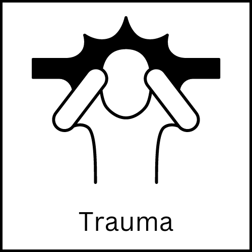 A drawing of a person holding their head inside a black explosion. The caption reads, "Trauma."