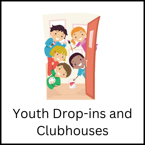 A colorful drawing of children clustered inside a doorway, smiling and holding art supplies. The caption reads, "Youth Drop-ins and Clubhouses."