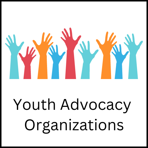 Red, orange, blue, and teal hands reaching upward, with the caption, "Youth Advocacy Organizations".